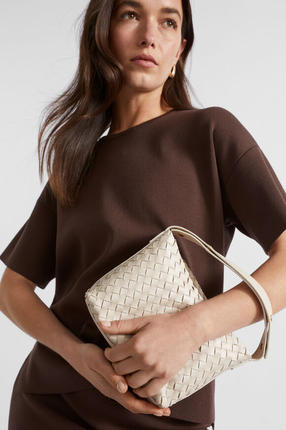 Leather Woven Shoulder Bag  Stone  hi-res
