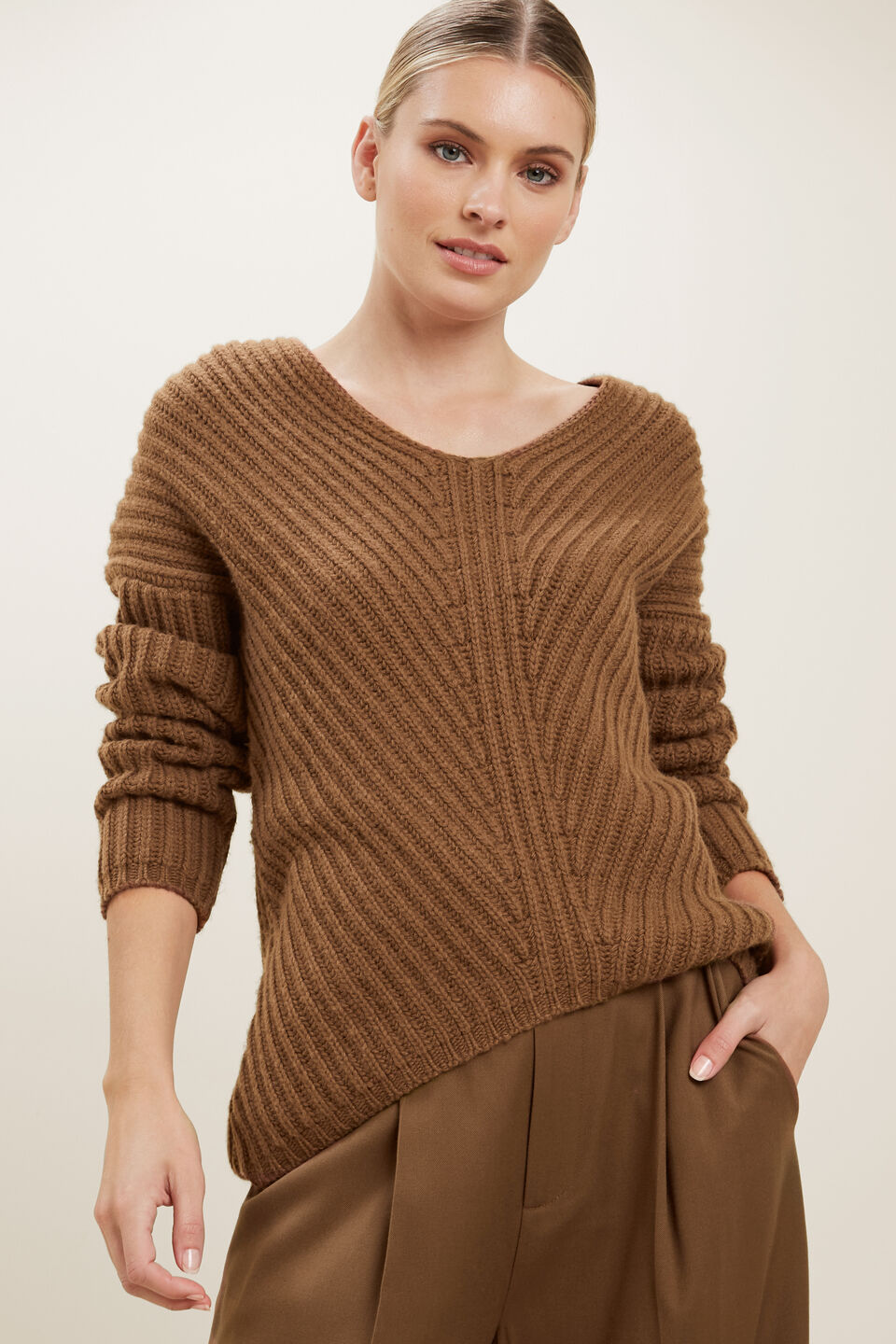 V Neck Rib Sweater  Molasses