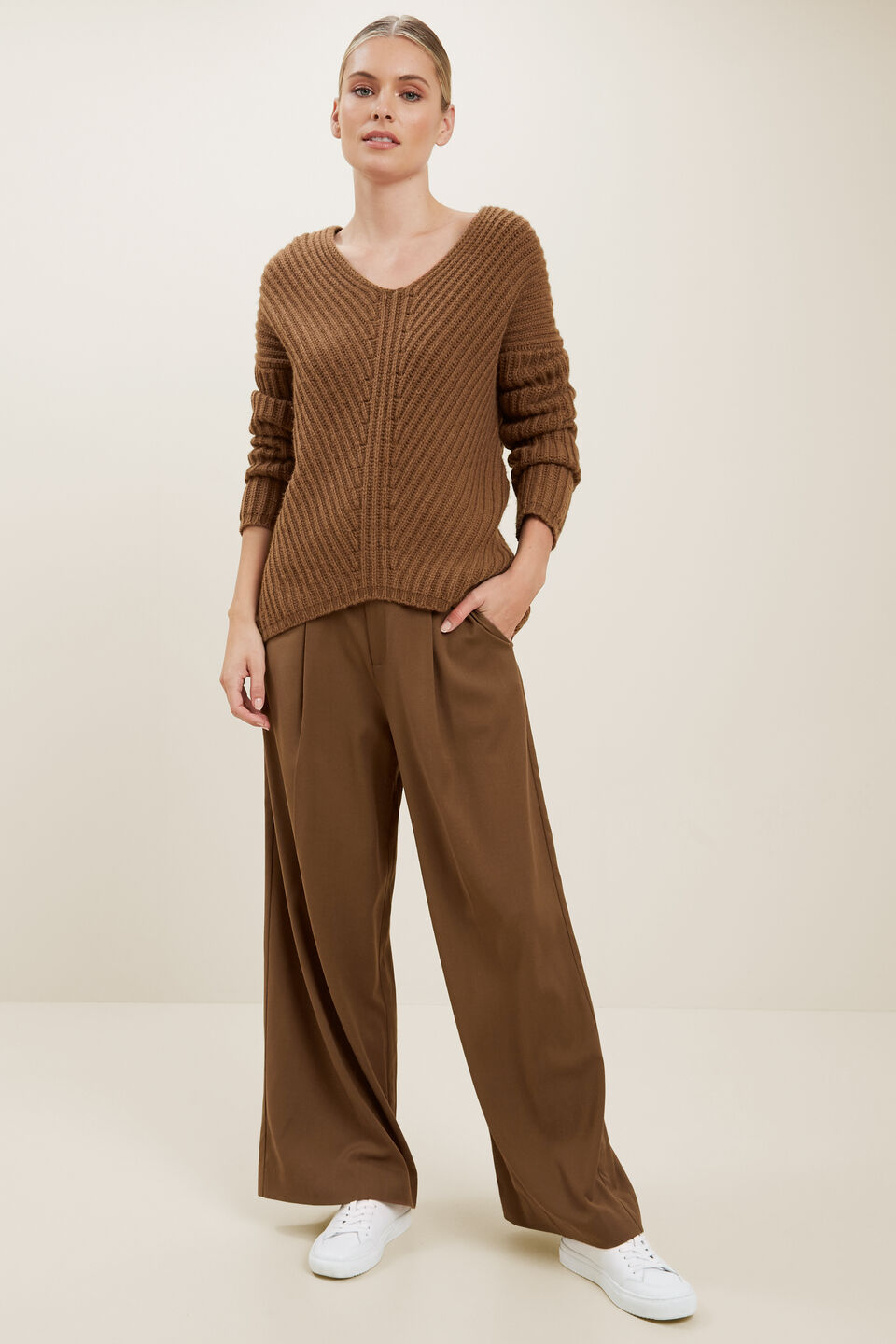V Neck Rib Sweater  Molasses