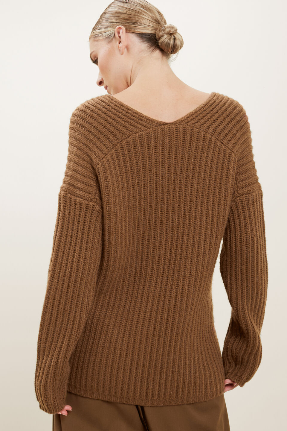 V Neck Rib Sweater  Molasses