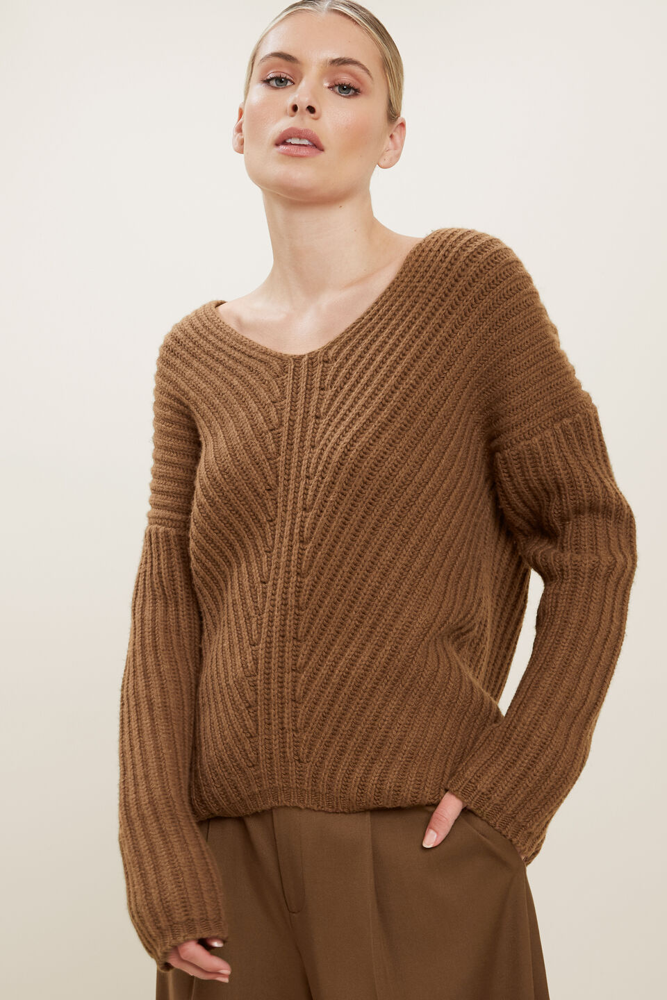 V Neck Rib Sweater  Molasses