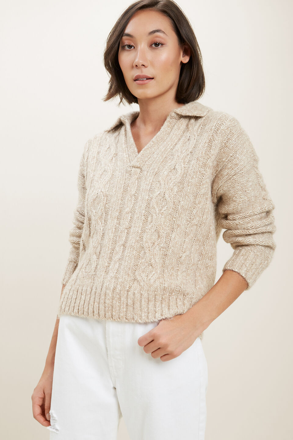 Cable Knit Polo Sweater  Champagne Beige Marle