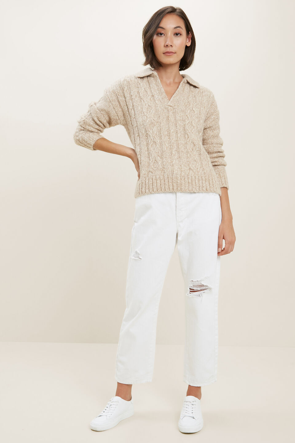 Cable Knit Polo Sweater  Champagne Beige Marle