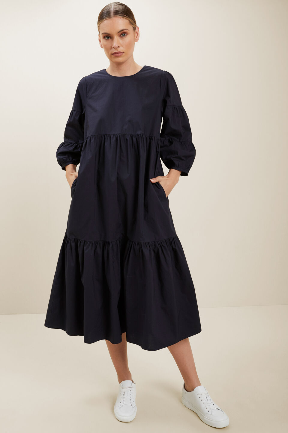 Poplin Tiered Midi Dress  Deep Navy