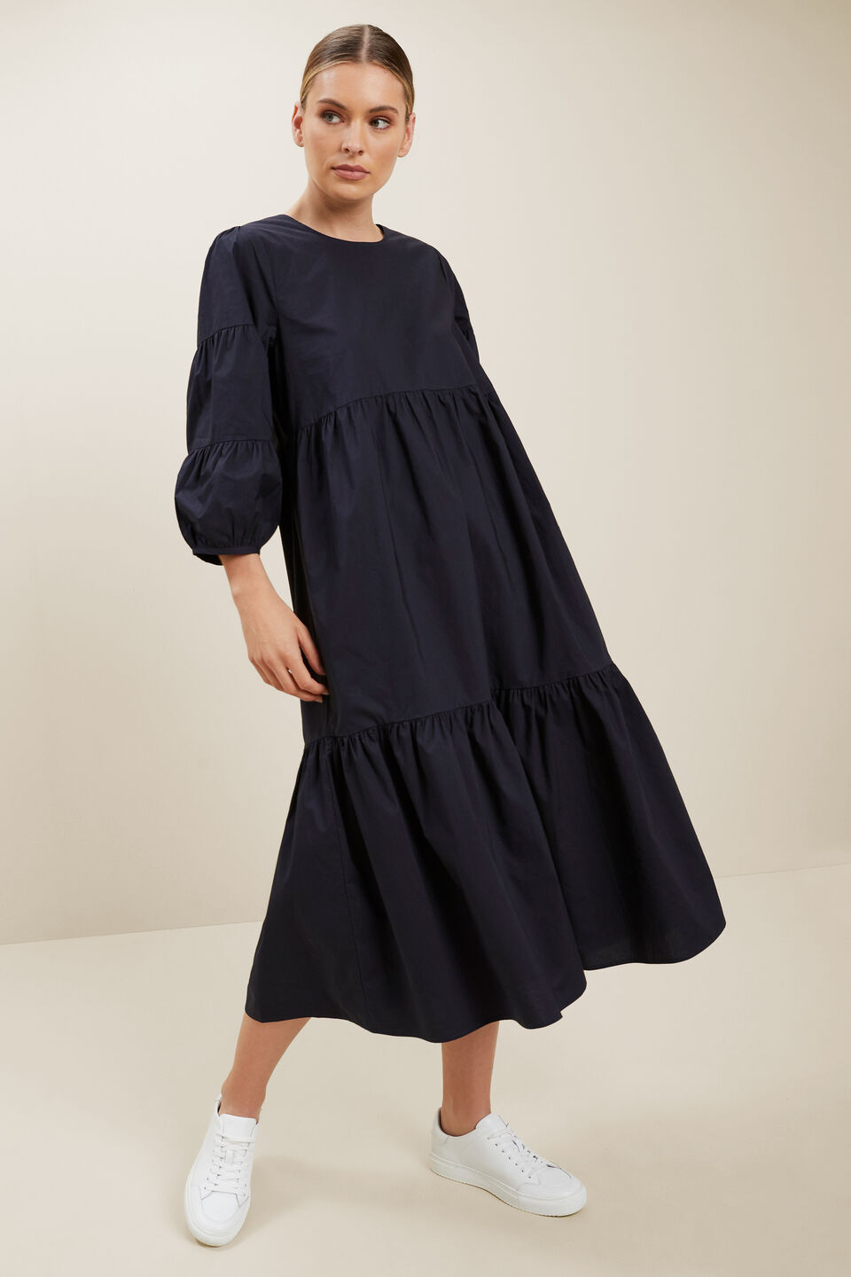 Poplin Tiered Midi Dress  Deep Navy