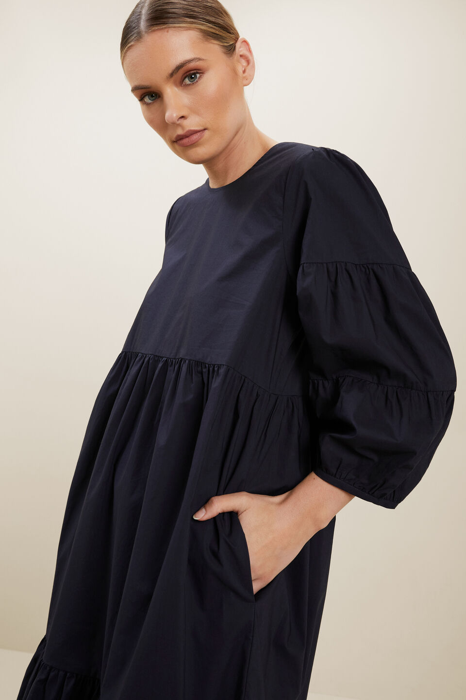 Poplin Tiered Midi Dress  Deep Navy