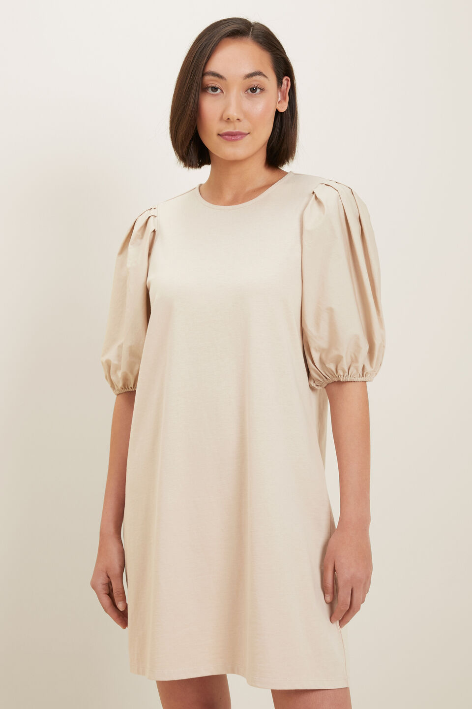 Poplin Sleeve Mini Dress  Sandstone Beige