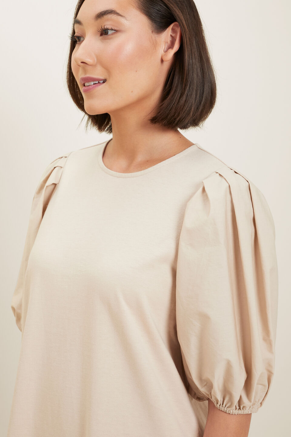 Poplin Sleeve Mini Dress  Sandstone Beige