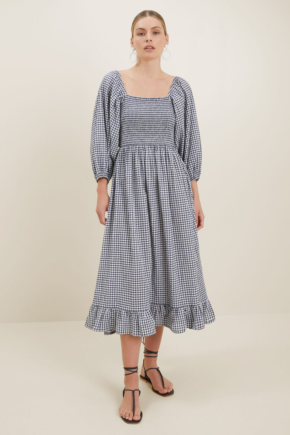 Gingham Shirred Midi Dress  Deep Navy Gingham