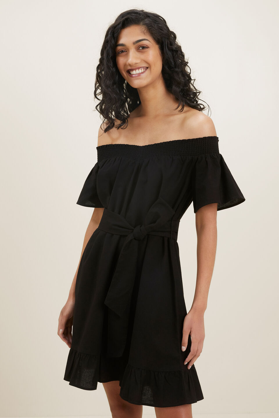 Cotton Blend Mini Dress  Black