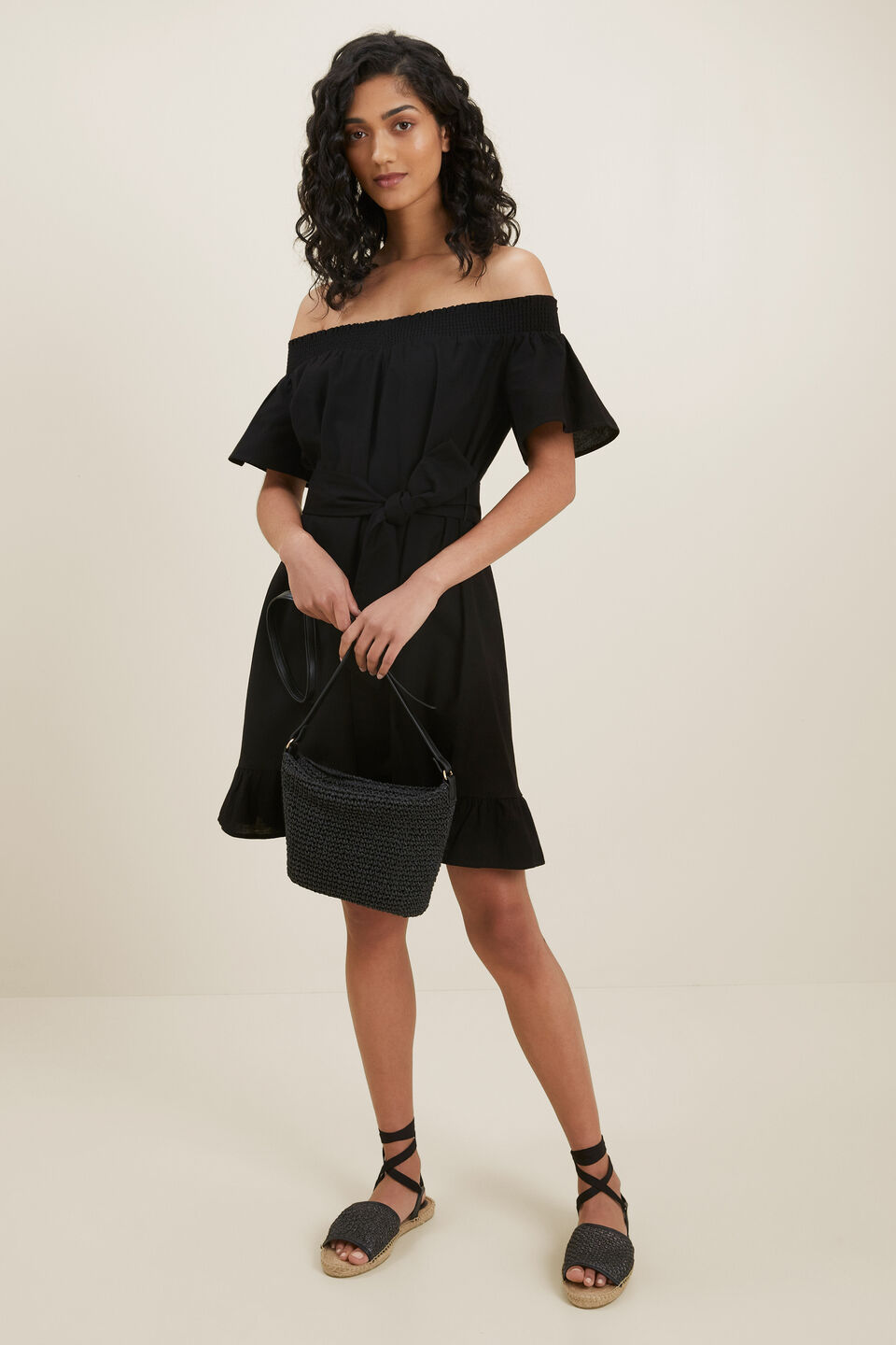 Cotton Blend Mini Dress  Black