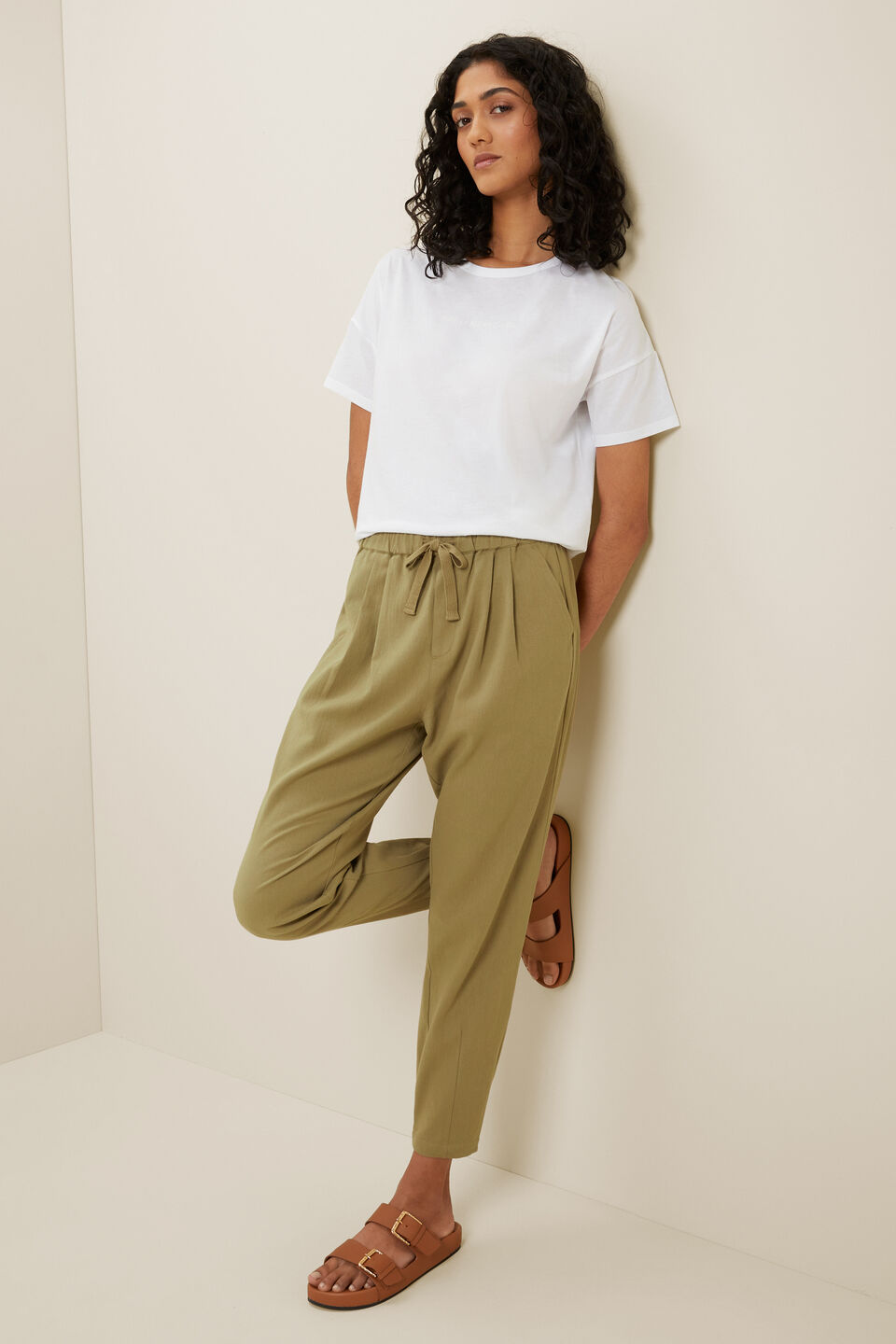 Textured Tie Waist Pant  Sage Green