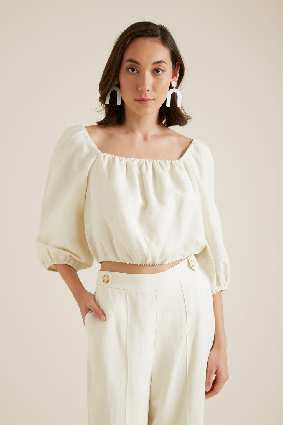 Square Neck Puff Top  Parchment