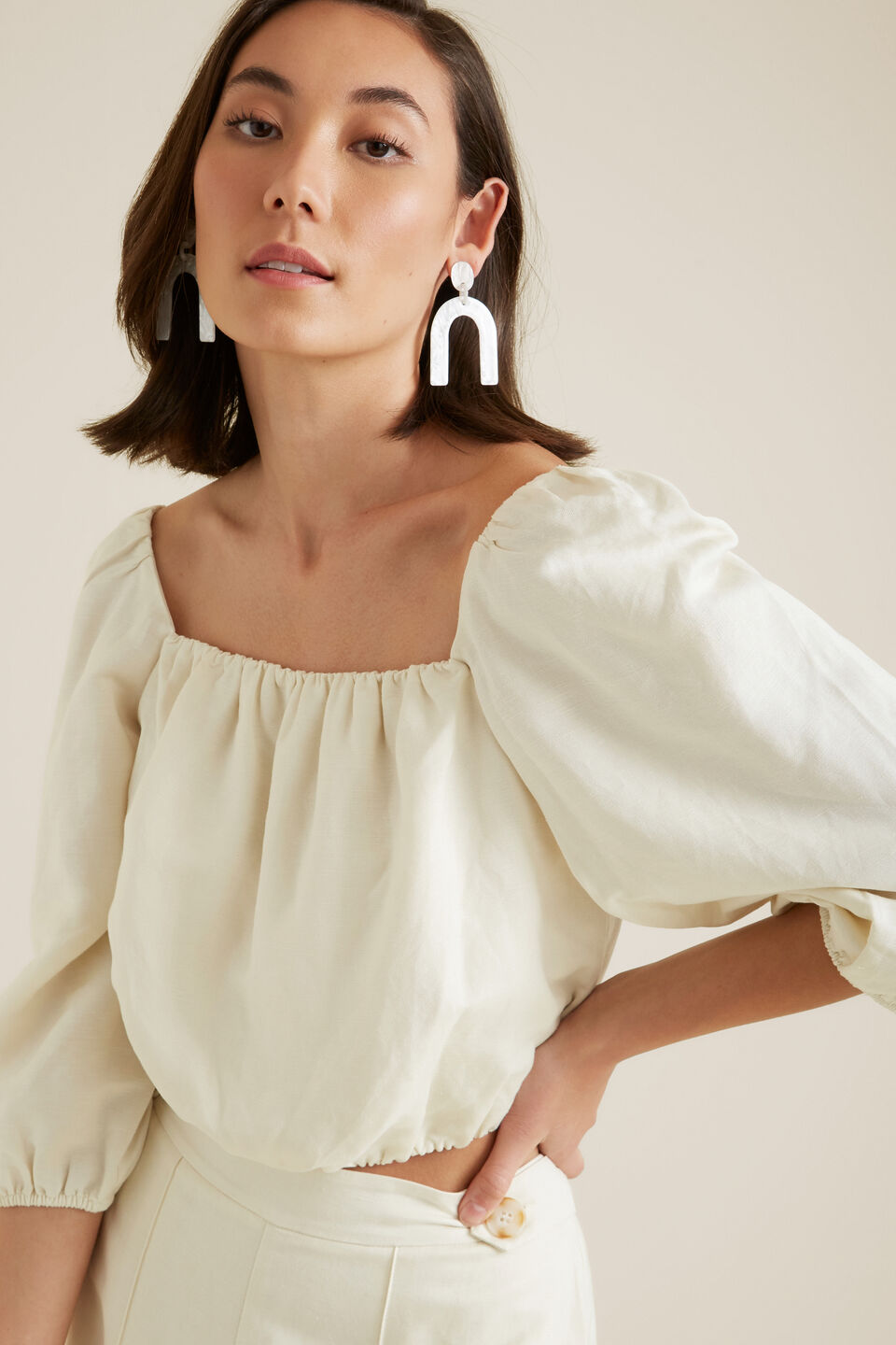 Square Neck Puff Top  Parchment
