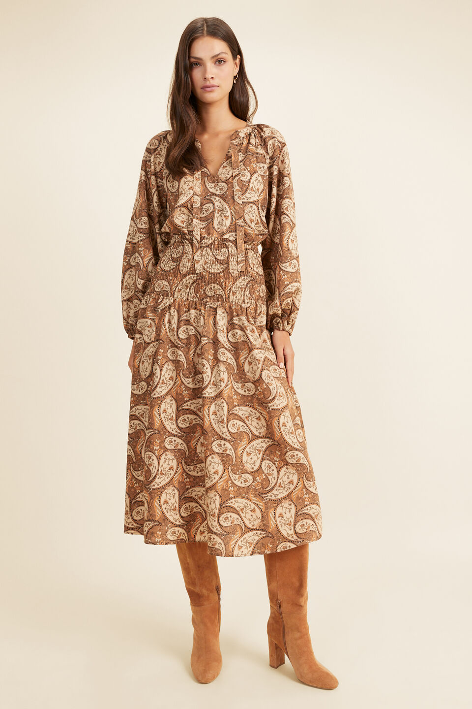 Paisley Shirred Midi Skirt  Burnt Caramel Paisley