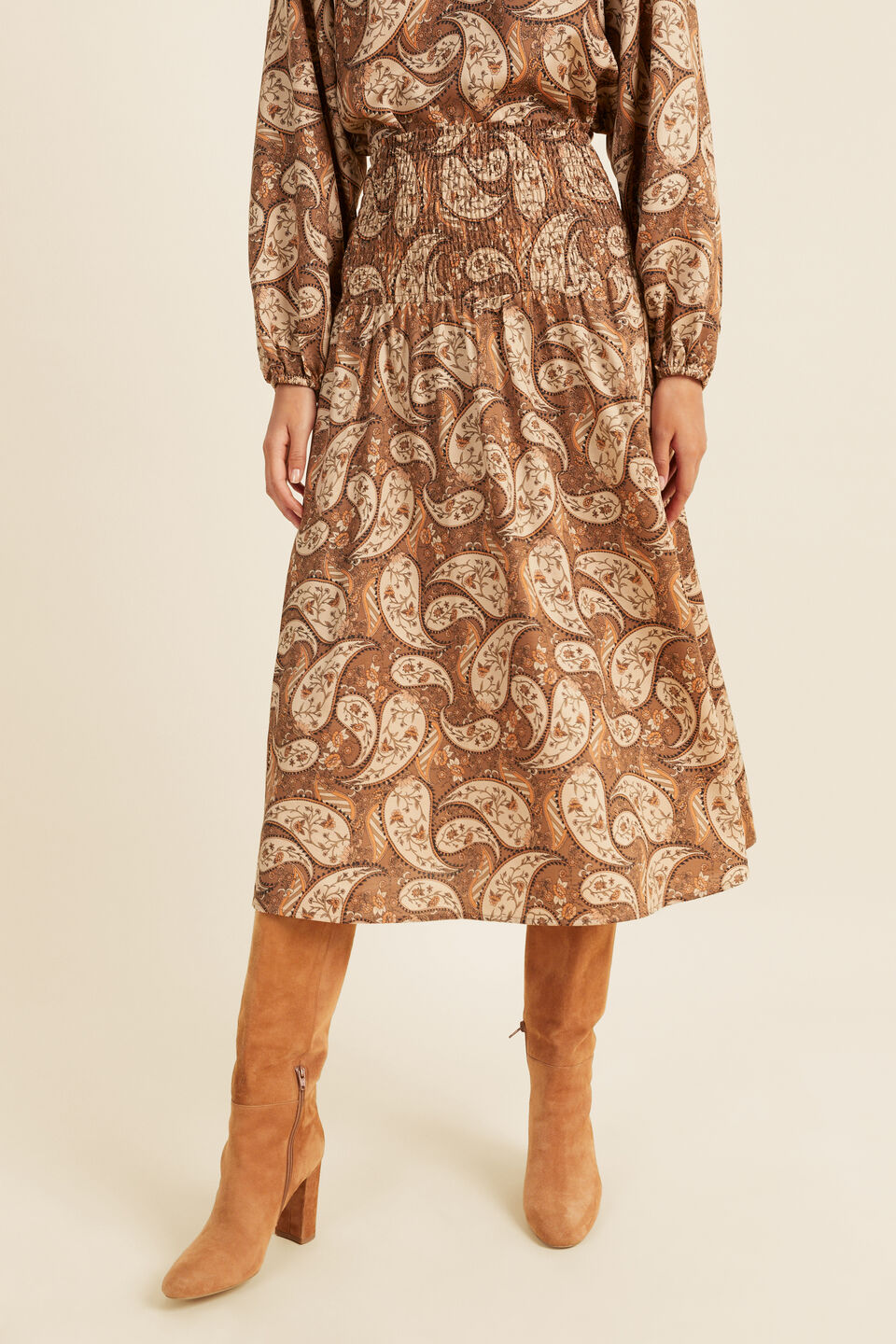Paisley Shirred Midi Skirt  Burnt Caramel Paisley