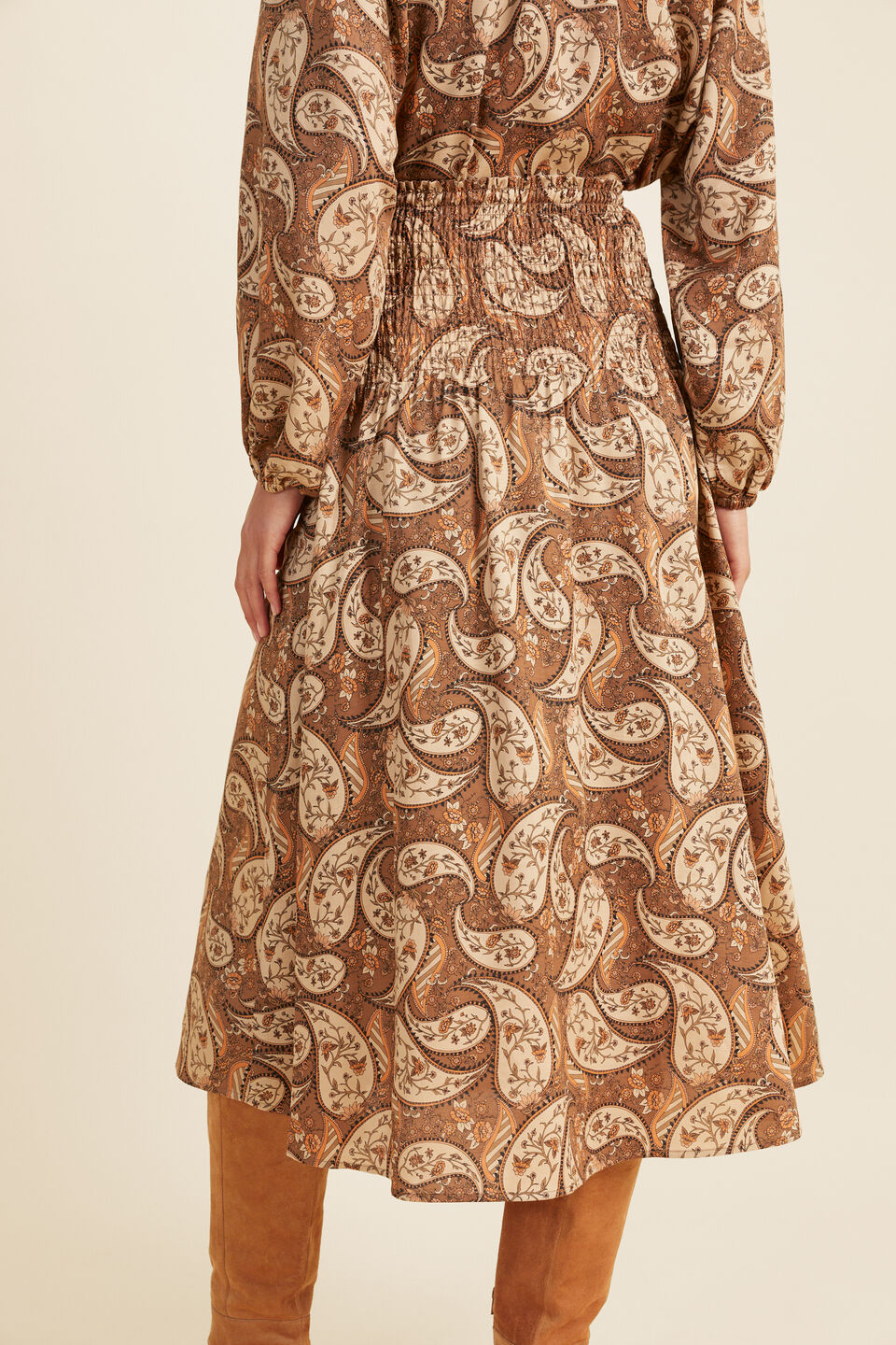 Paisley Shirred Midi Skirt  Burnt Caramel Paisley
