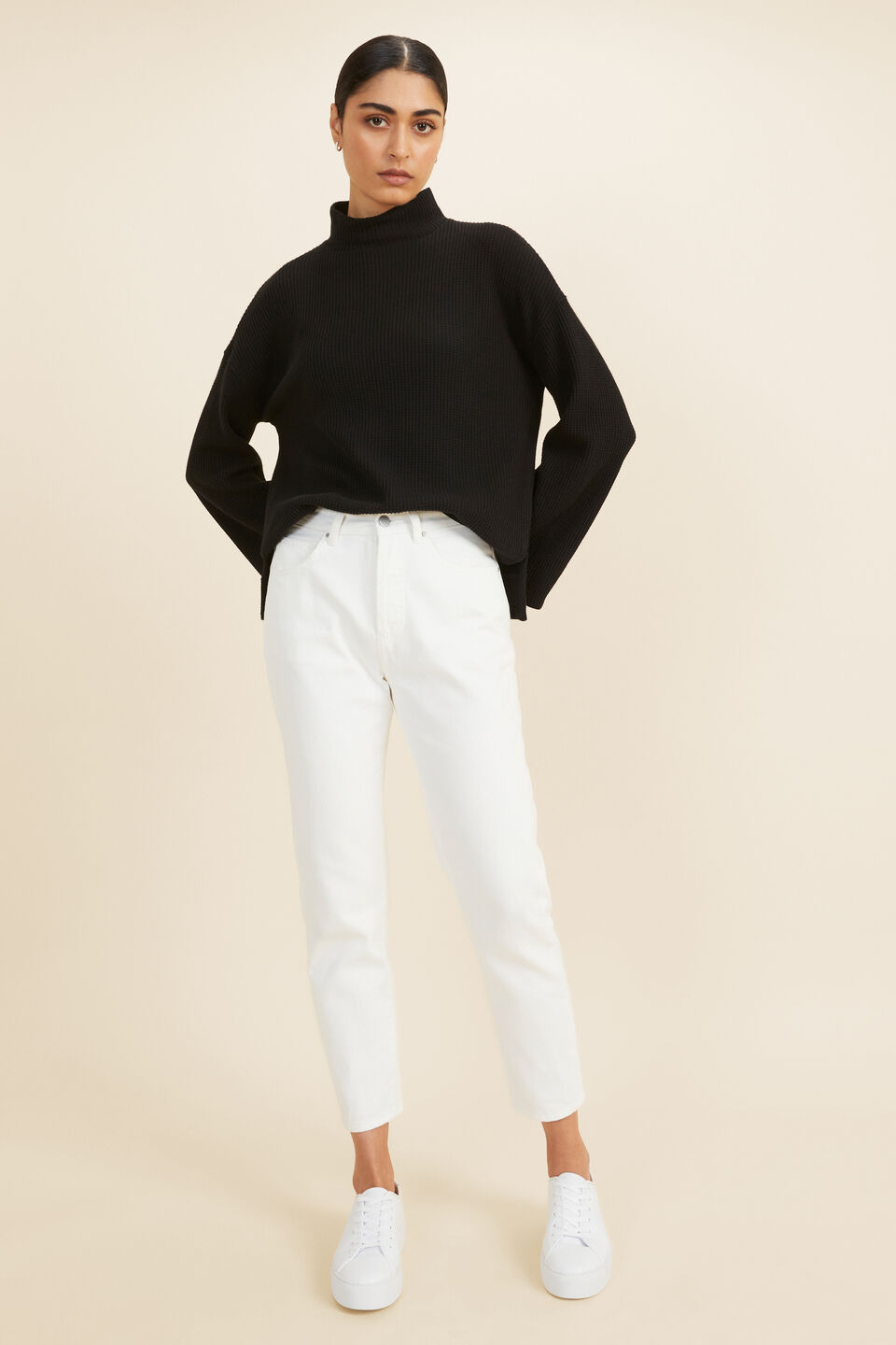 Waffle Mock Neck Sweat  Black