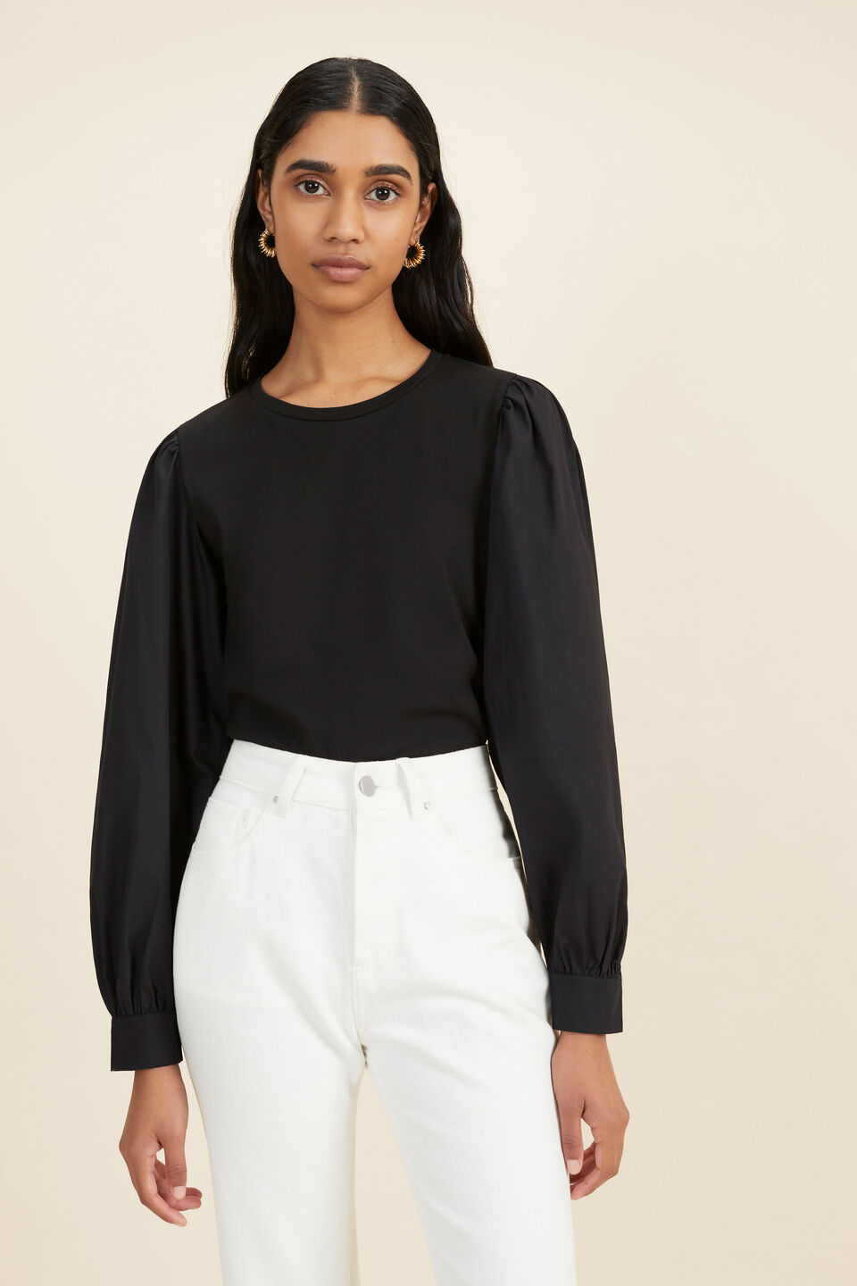 Poplin Sleeve Top  Black