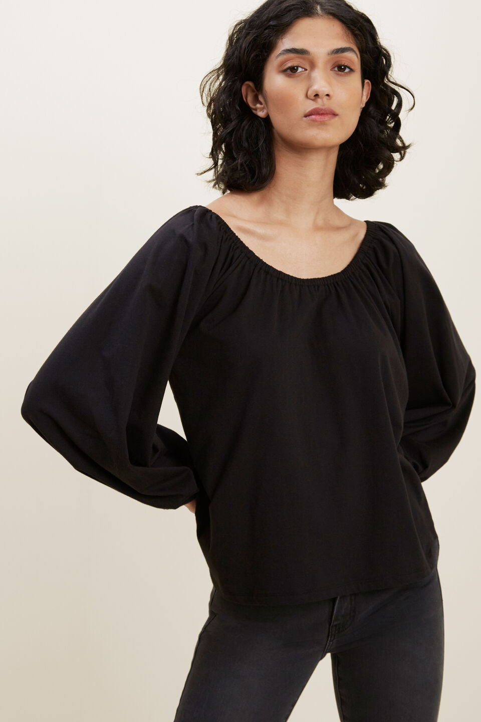 Gathered Blouson Top  Black