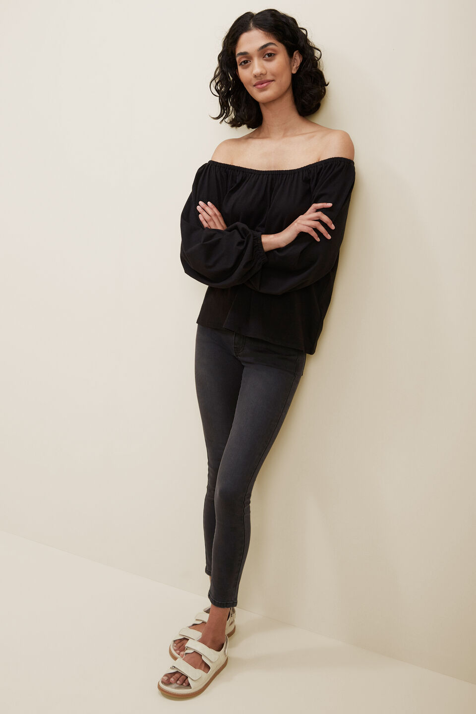 Gathered Blouson Top  Black