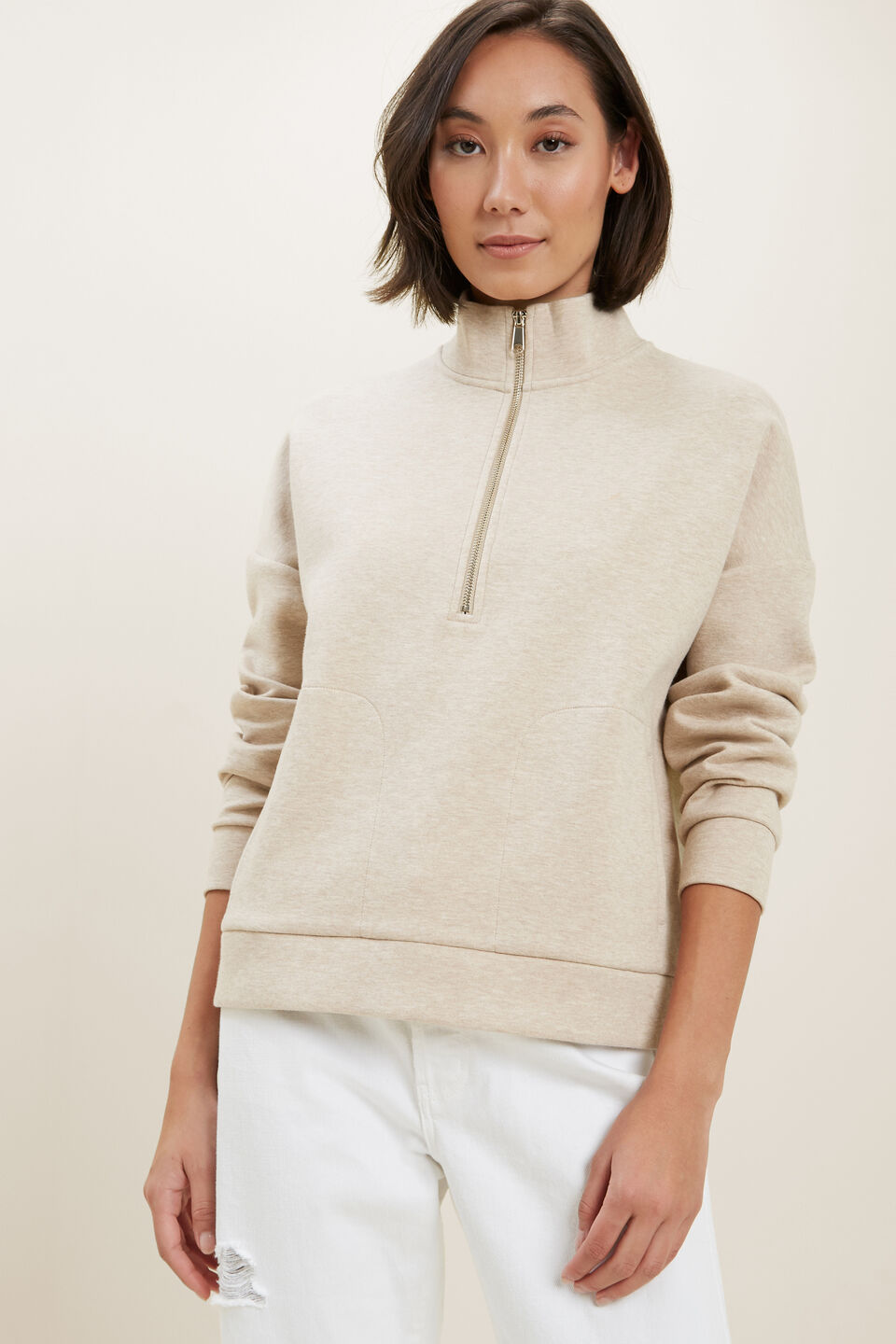 Zip Collared Sweater  Champagne Beige Marle