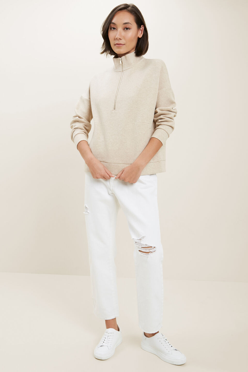 Zip Collared Sweater  Champagne Beige Marle