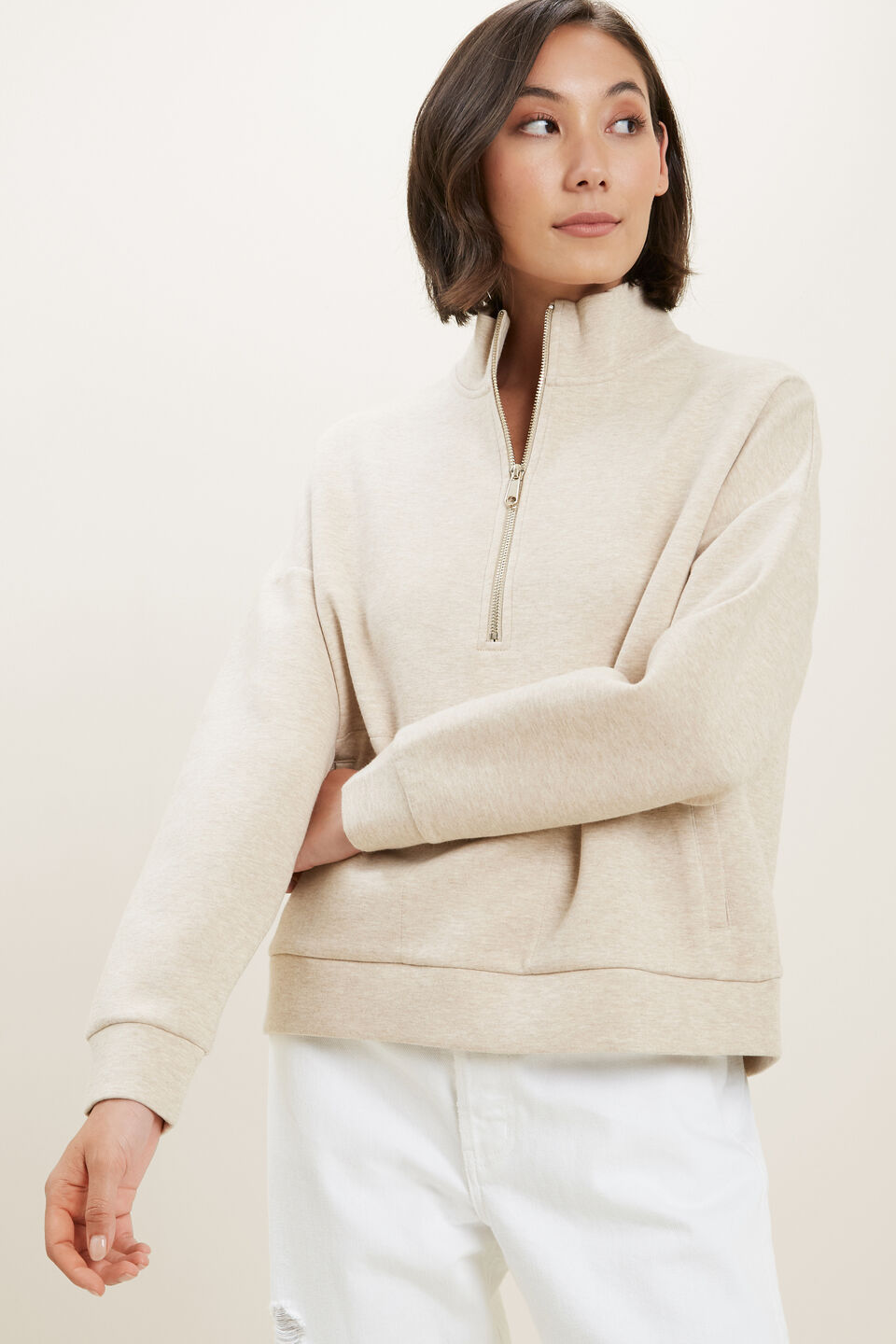 Zip Collared Sweater  Champagne Beige Marle