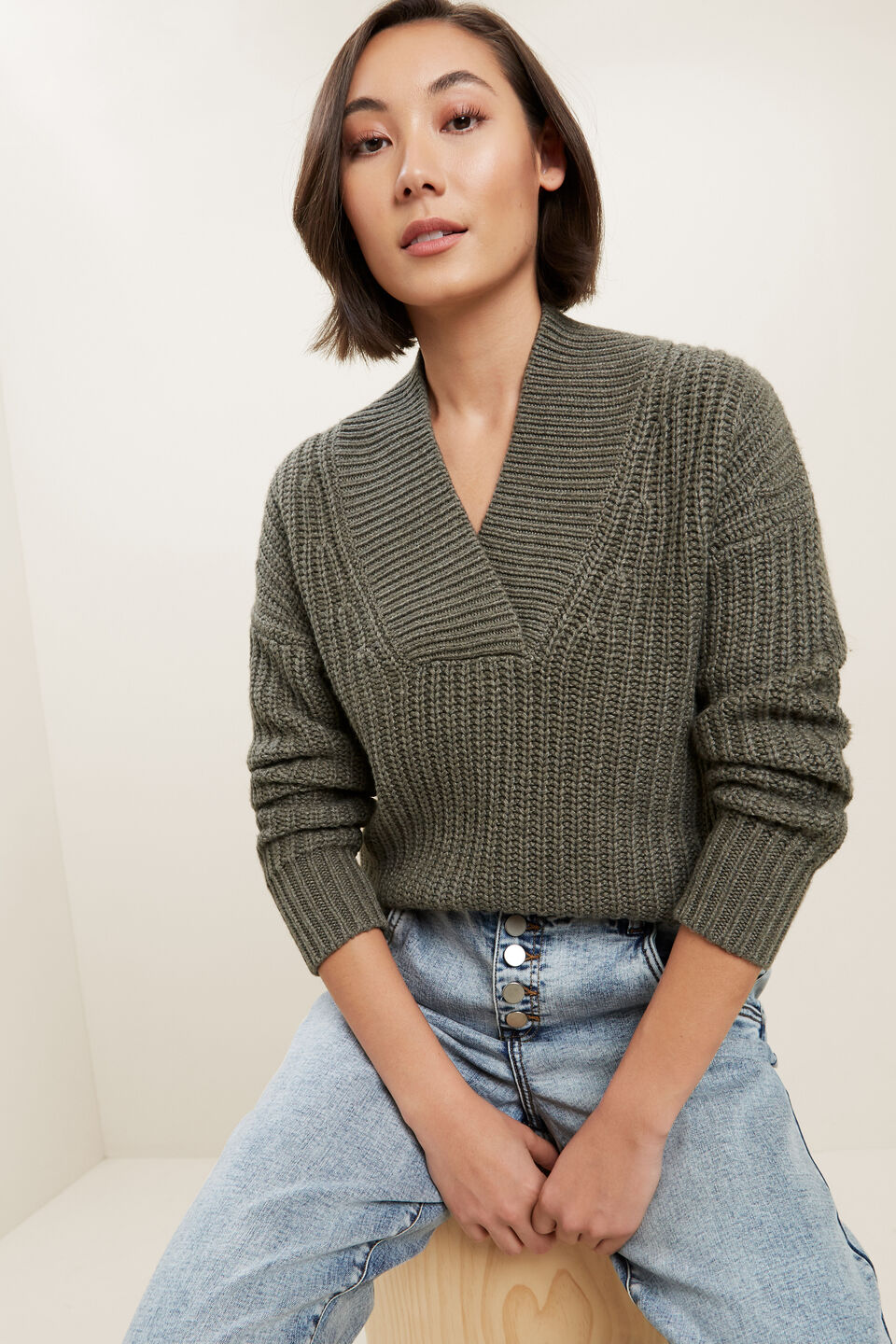Shawl Collar Sweater  Olive Khaki Marle