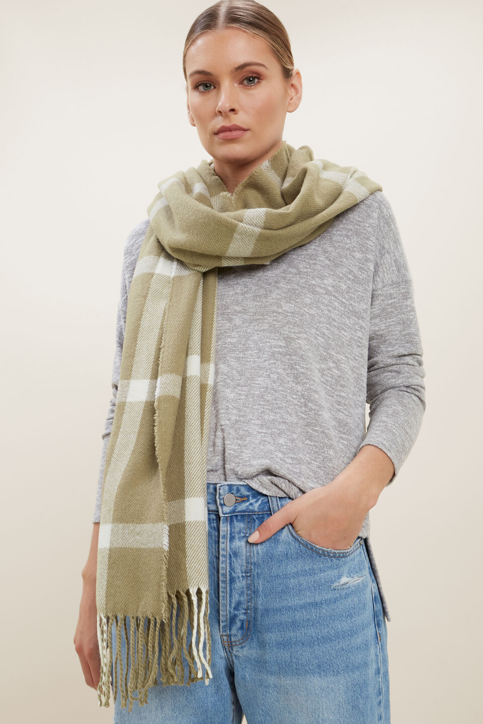 Minimal Check Scarf  Olive Khaki Multi