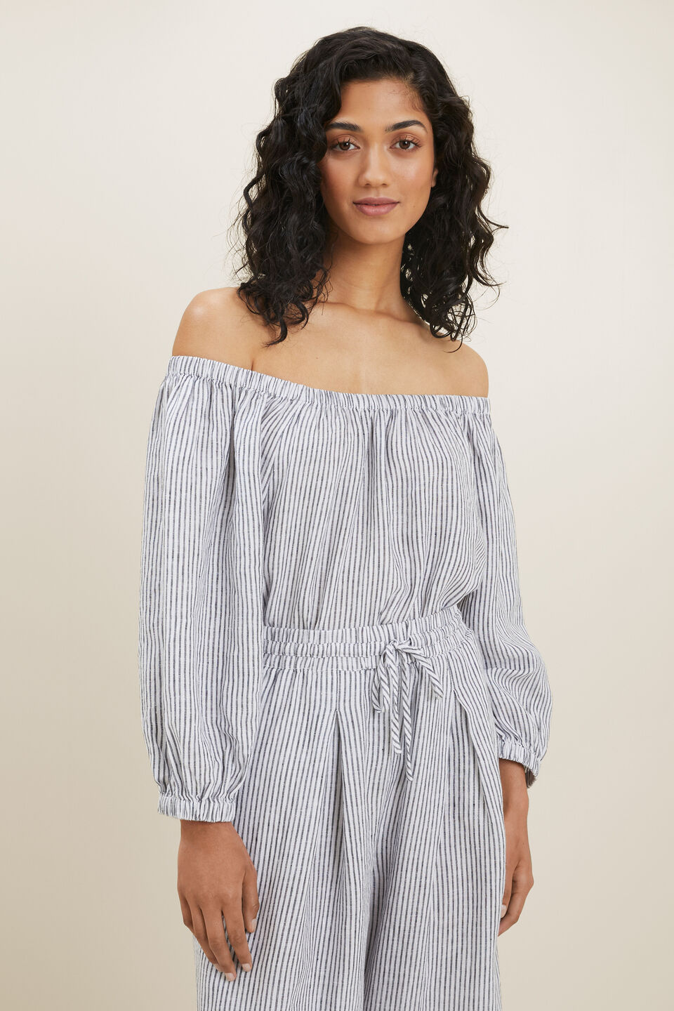 Linen Peasant Top  Deep Navy Stripe
