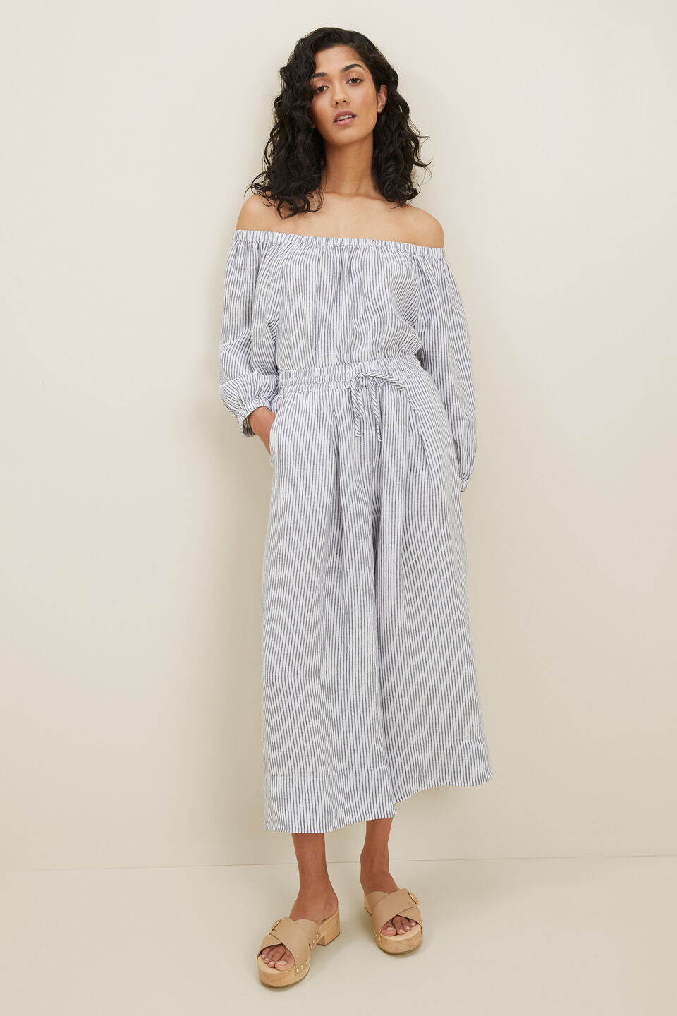 Linen Peasant Top  Deep Navy Stripe