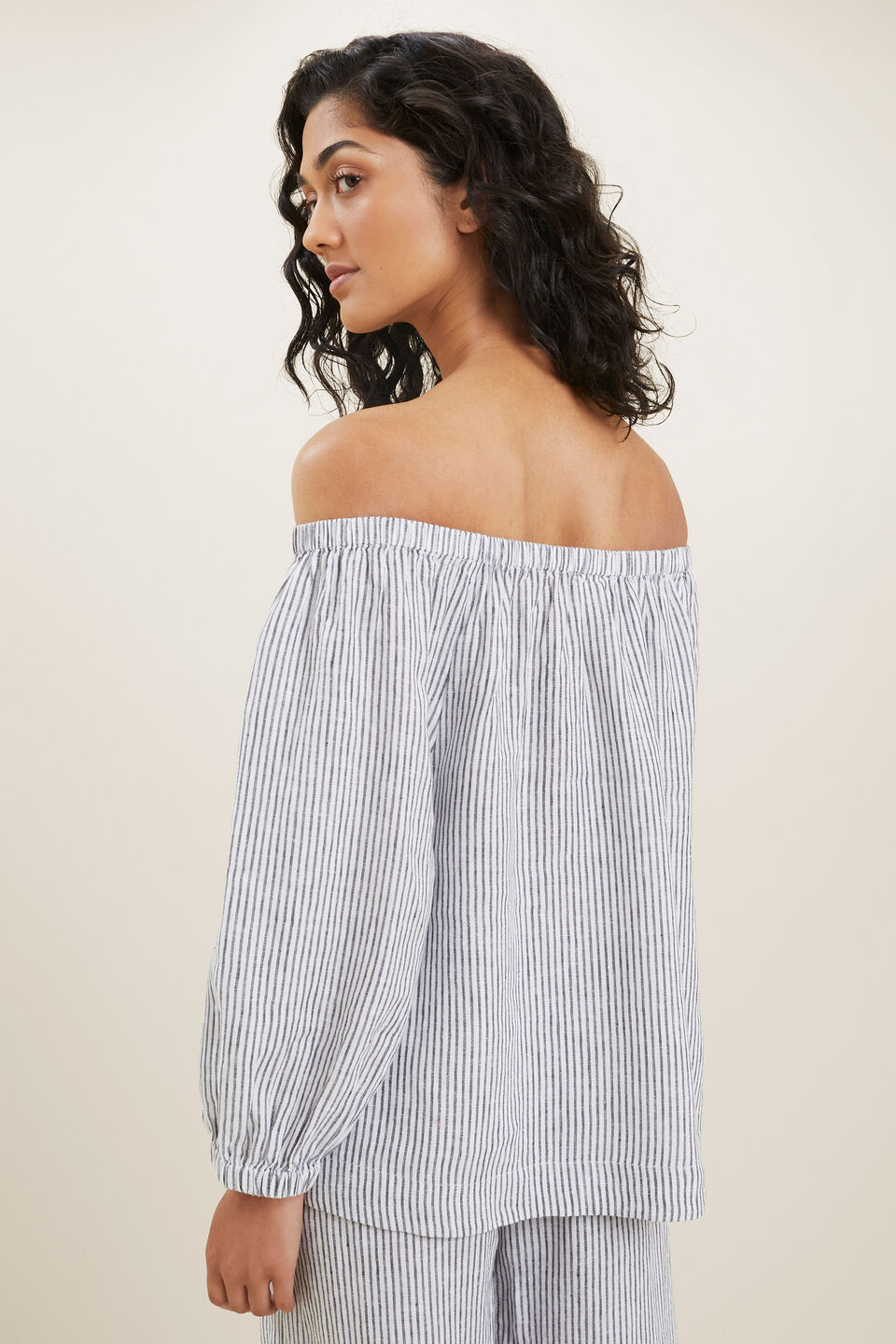 Linen Peasant Top  Deep Navy Stripe