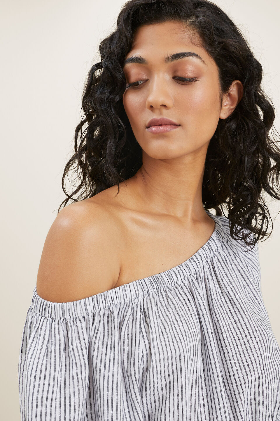 Linen Peasant Top  Deep Navy Stripe