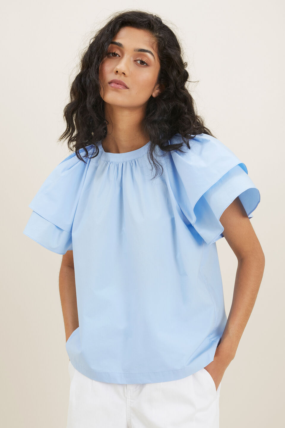 Poplin Flounce Top  Clear Sky