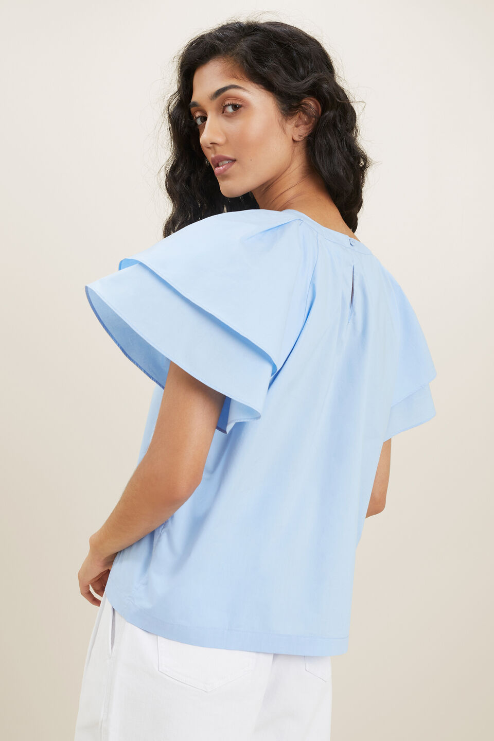 Poplin Flounce Top  Clear Sky