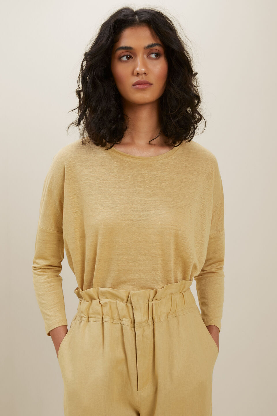 Linen Dip Hem Tee  Fawn