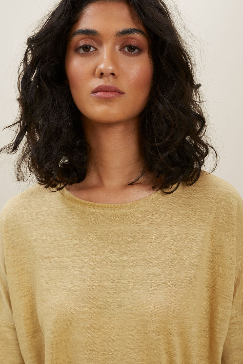 Linen Dip Hem Tee  Fawn