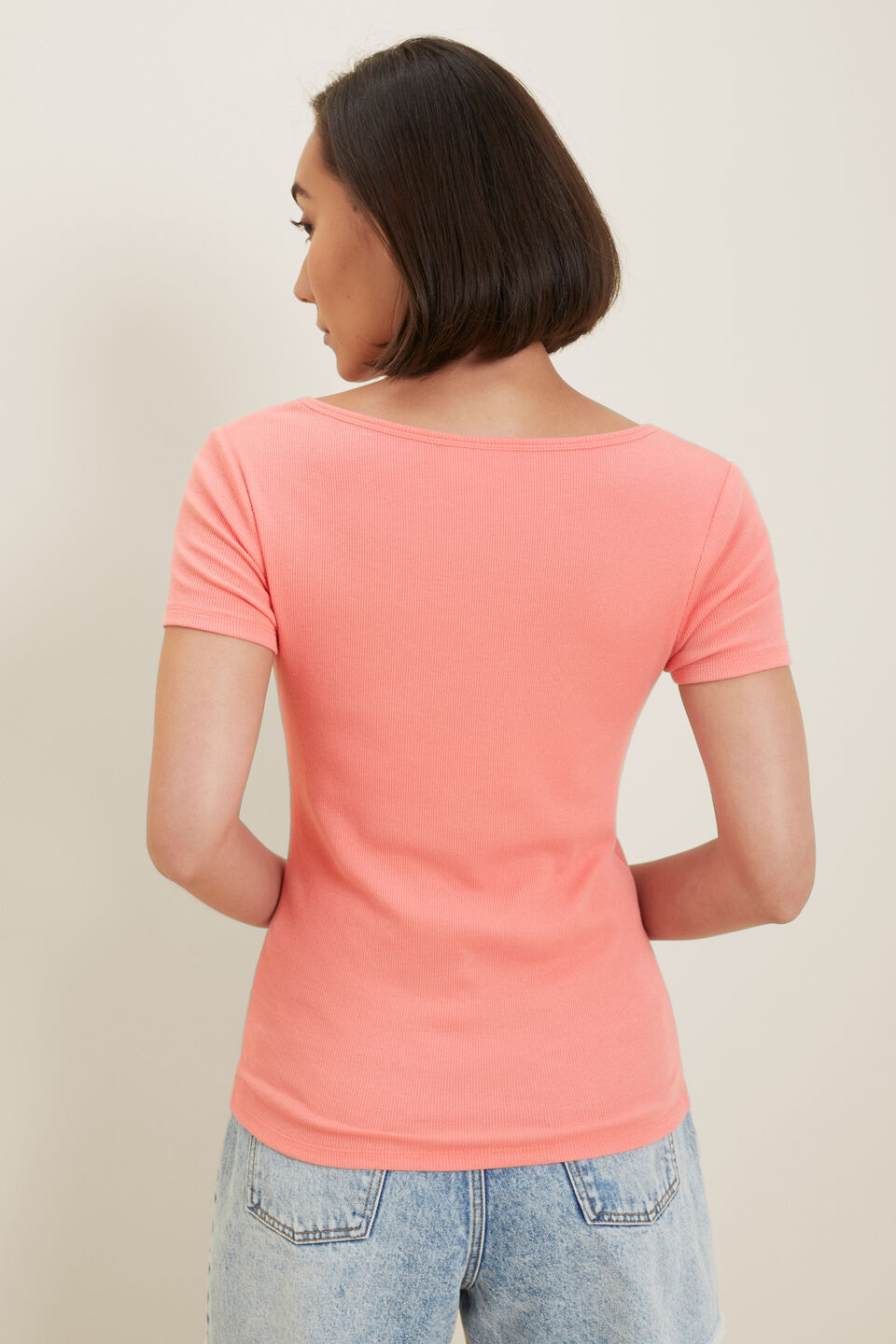 Square Neck Rib Tee  Coral Rose