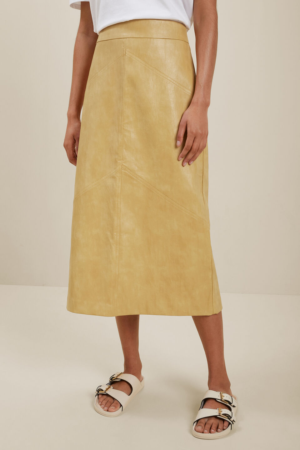 Vegan Leather Panel Midi Skirt  Fawn