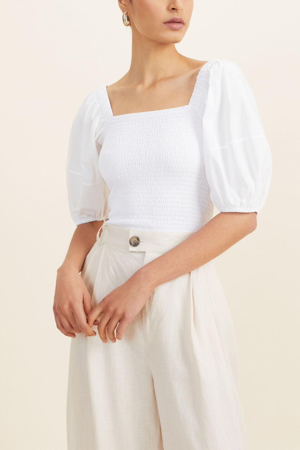 Shirred Poplin Sleeve Top  Whisper White