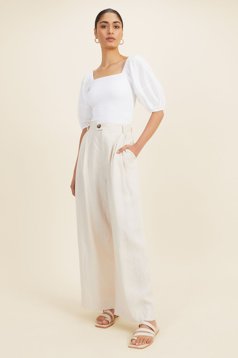 Shirred Poplin Sleeve Top  Whisper White
