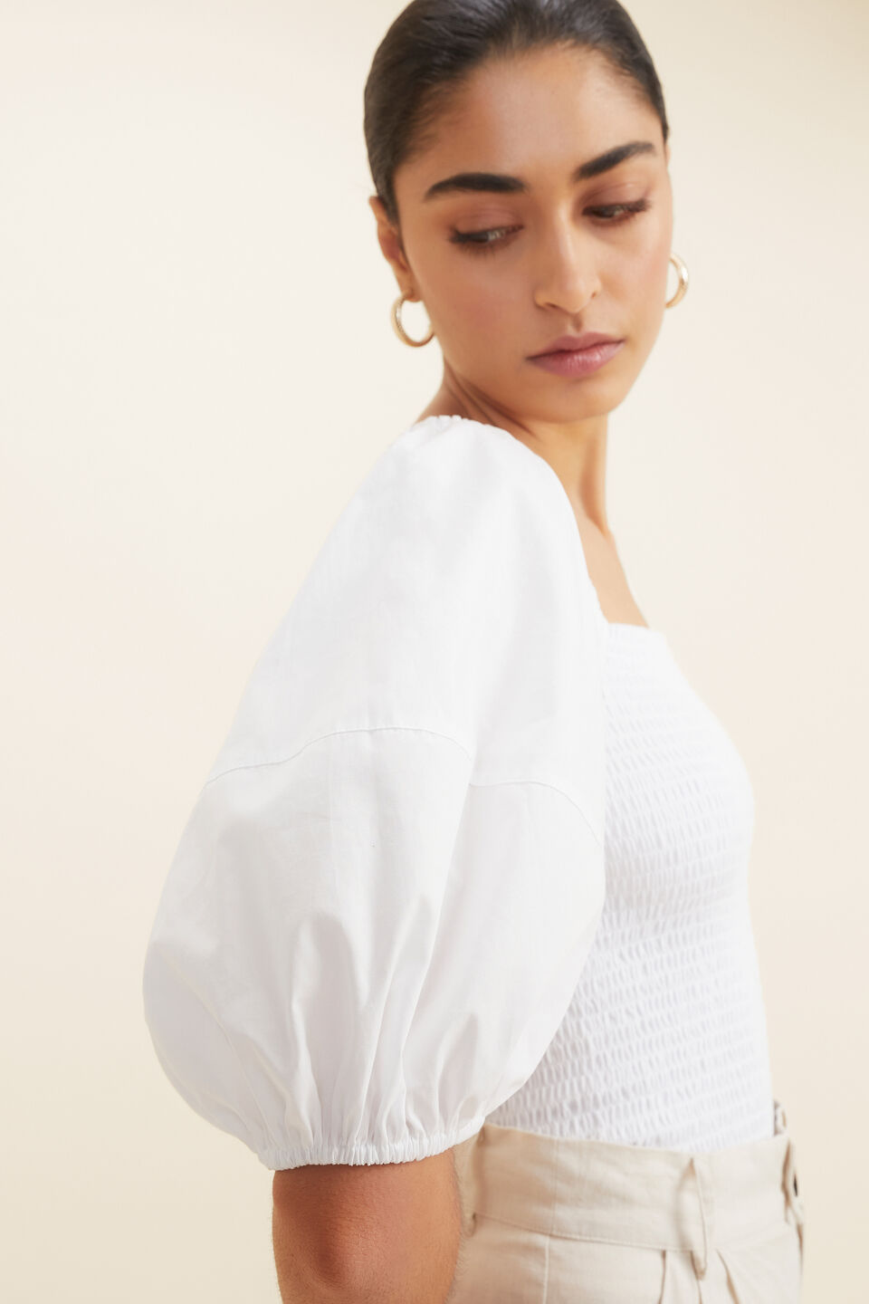 Shirred Poplin Sleeve Top  Whisper White