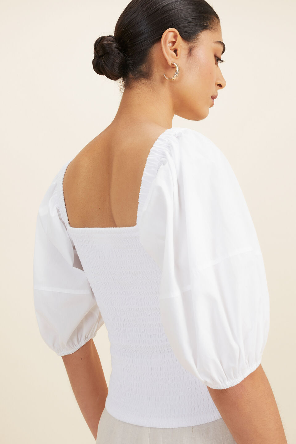 Shirred Poplin Sleeve Top  Whisper White