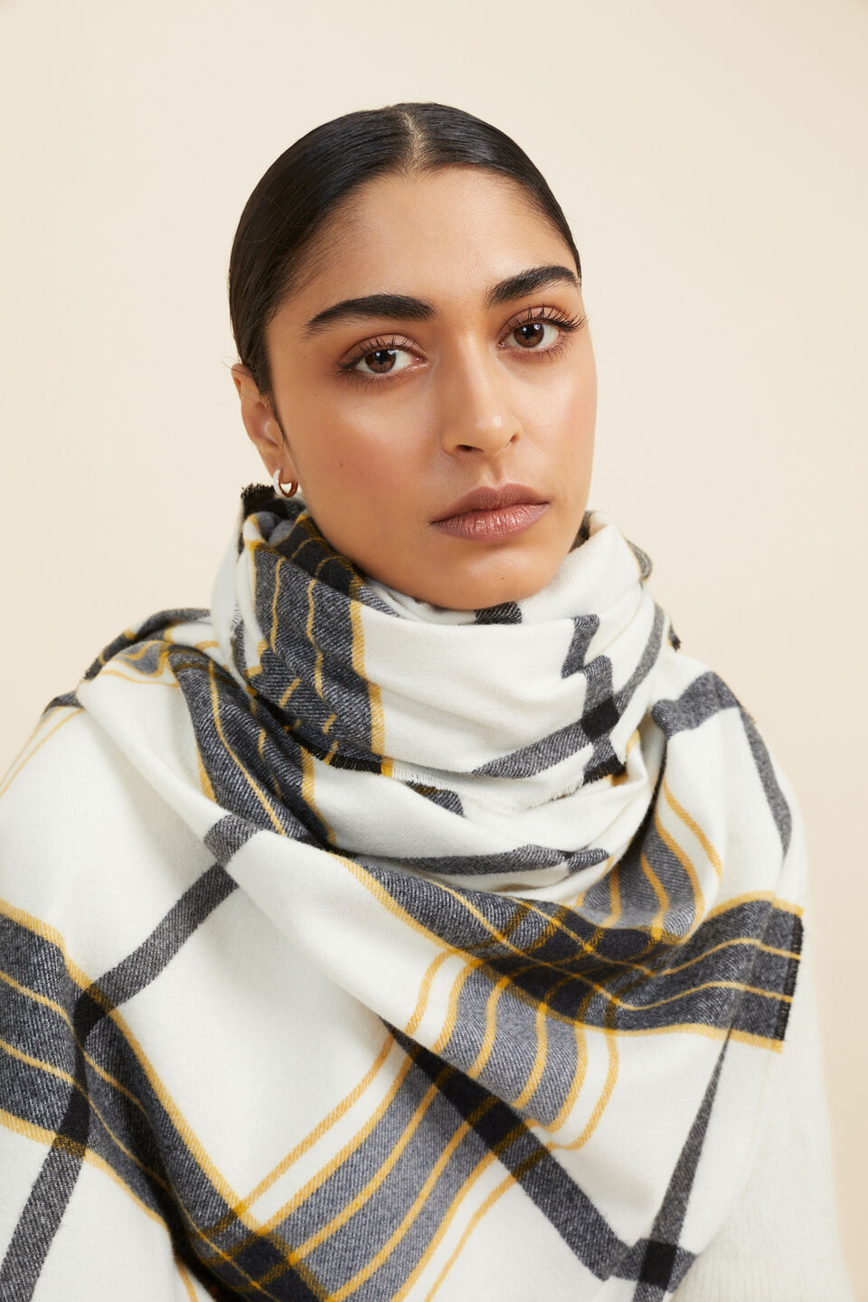 Wool Blend Large Plaid Scarf  Cloud Cream Multi