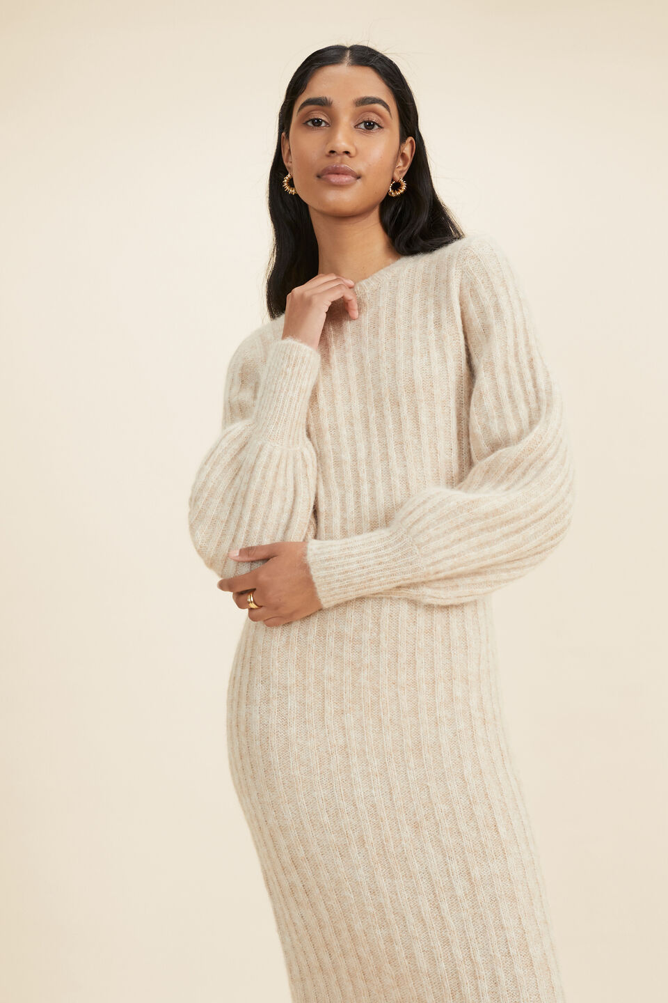 Blouson Sleeve Knit Dress  Pebble Cream Marle