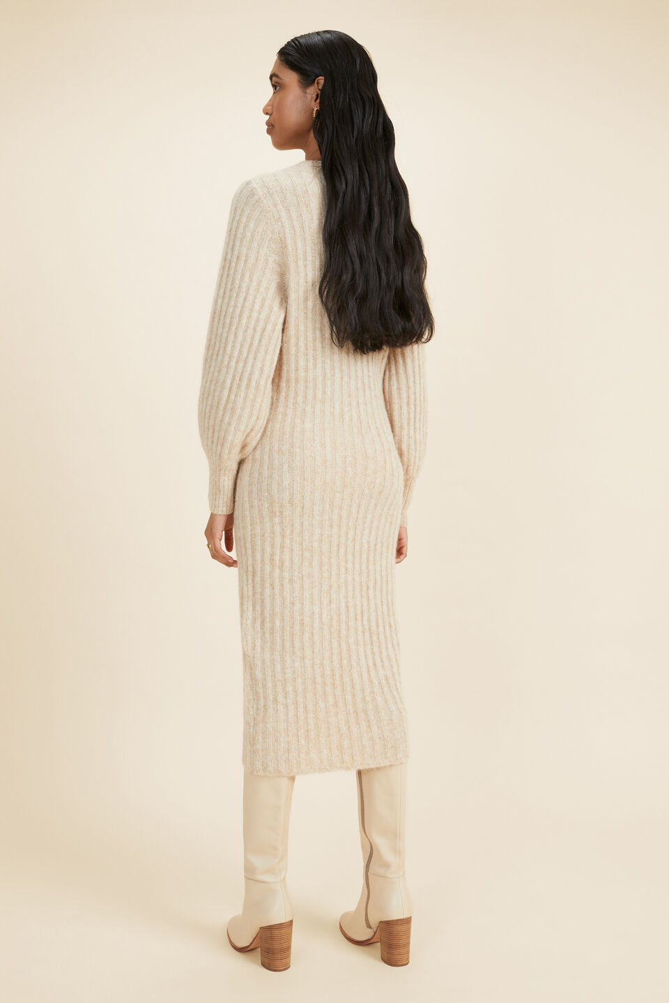 Blouson Sleeve Knit Dress  Pebble Cream Marle