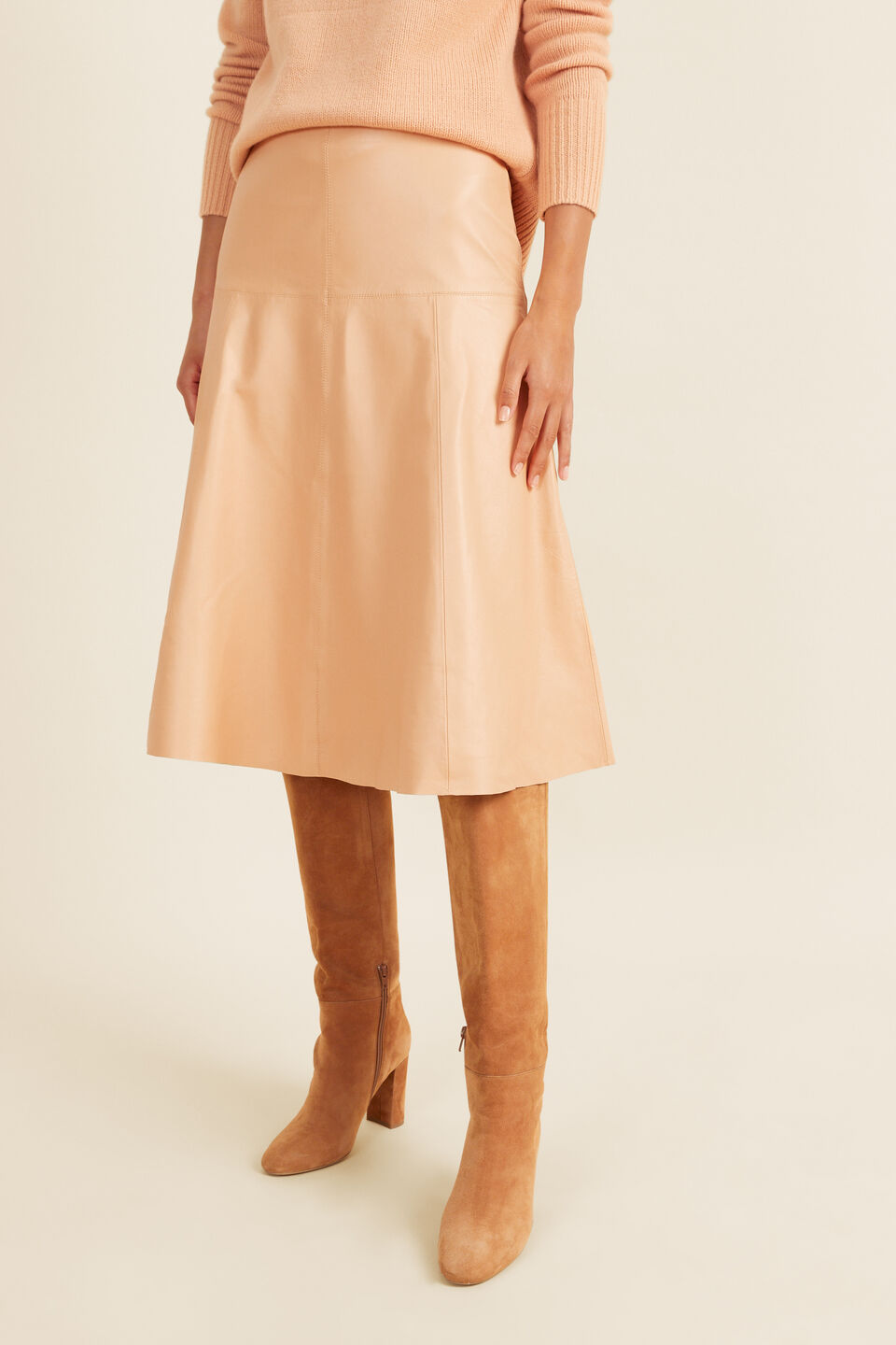 Leather Flared Midi Skirt  Light Ginger