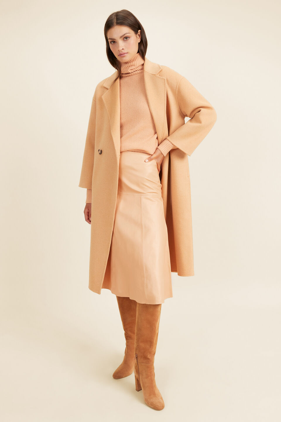 Leather Flared Midi Skirt  Light Ginger