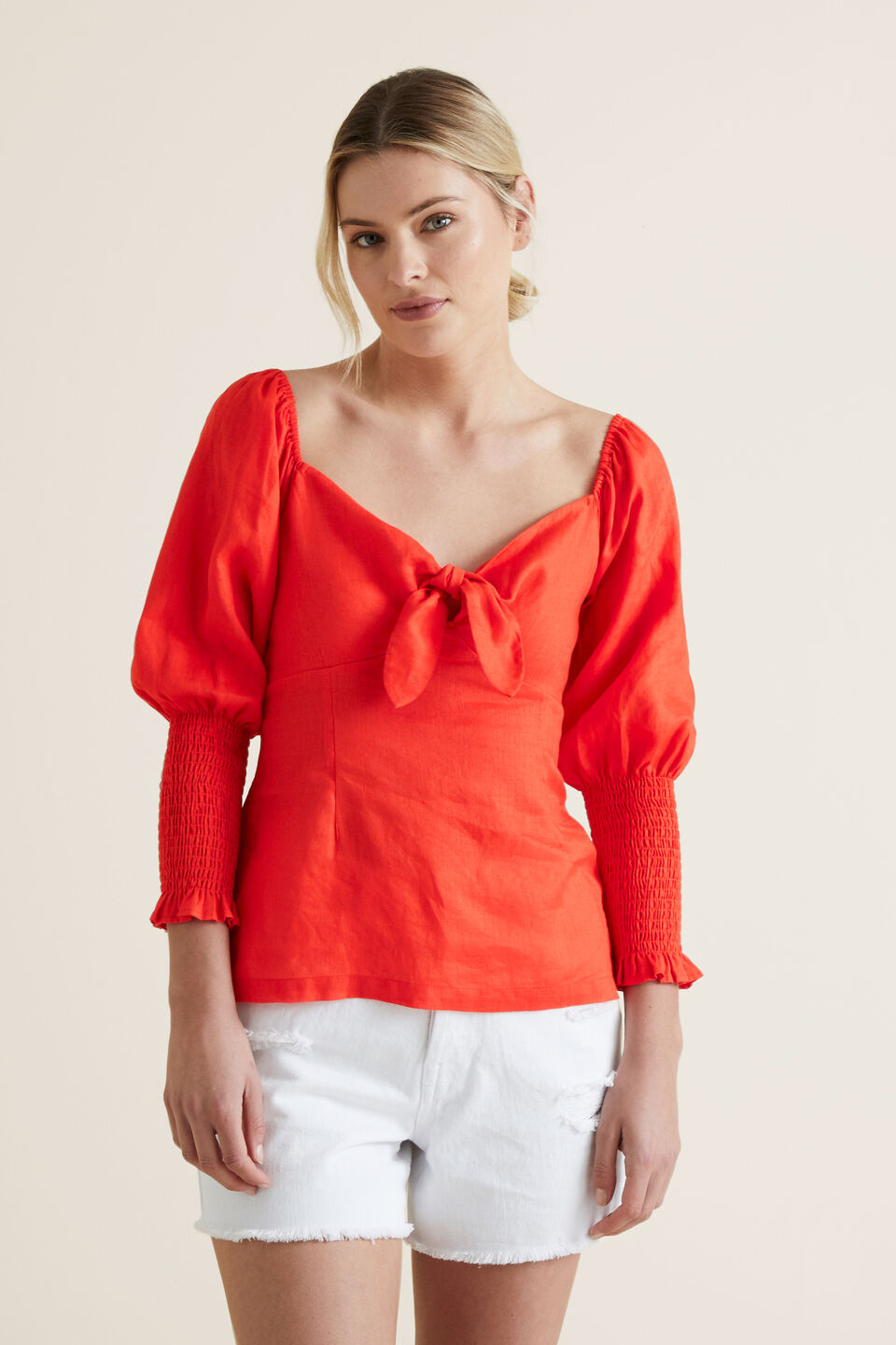 Bow Front Linen Blouse  Bold Poppy